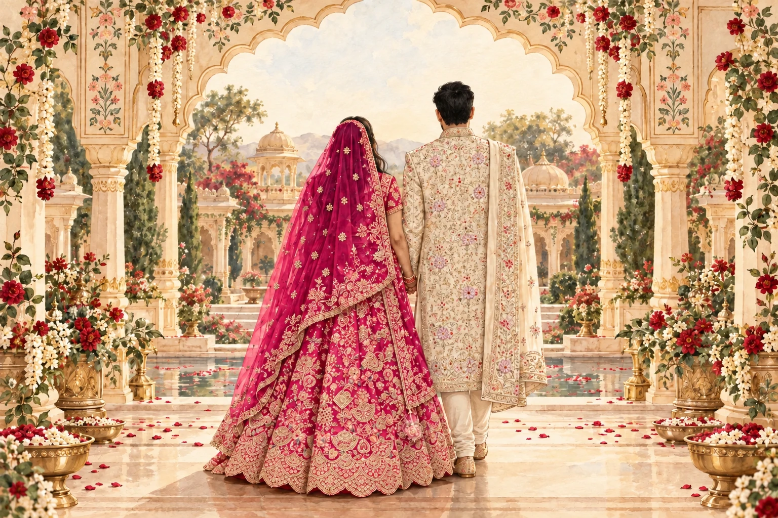विवाह मंडप के नीचे पीछे से दिखते महक और यश; यश क्रीम रंग की फूलदार शेरवानी में और महक गहरे गुलाबी एवं सुनहरे लहंगे में